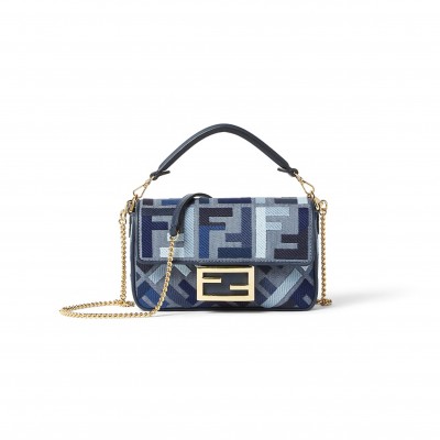 FENDI BAGUETTE MINI BLUE CANVAS BAG WITH FF EMBROIDERY 8BS017AV11F1LAZ (19.5*11*5cm)